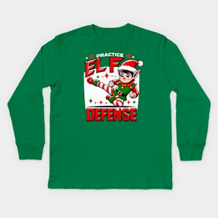 Funny Christmas Holiday Shirt - Festive Xmas Parody - Pratice Elf Defense Kids Long Sleeve T-Shirt